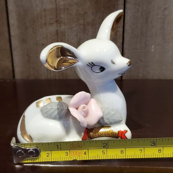 Handpainted Porcelain Deer Fawn Figurine White Gold Rose Vintage Chase Japan MCM - Picture 8 of 8